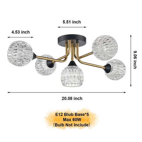 Modern Crystal Ceiling Light Fixture Contemporary 5-Lights Sputnik Chandelier Black and Gold Industrial Semi Flush Mount Ceiling Light
